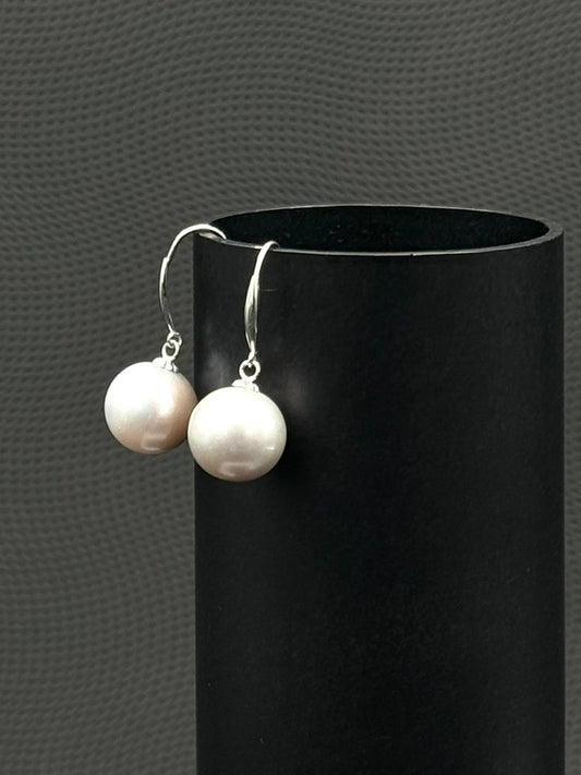 Cultured, South Sea, pearl earrings, exhibited on black cylinder, light grey, drop style, 11-12mm, 18k white gold,