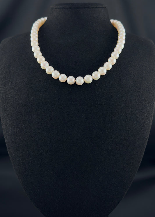 Cultured, South Sea white pearl necklace, exhibited on black suede, 9-10.mm, 16", white gold clasp.