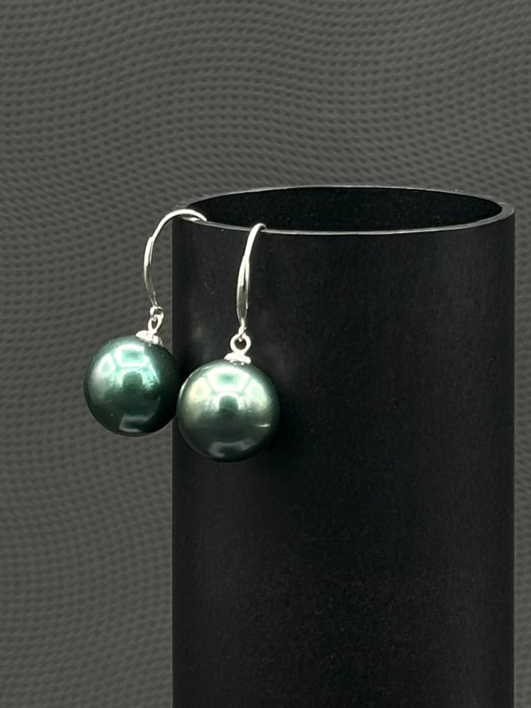 Cultured, Tahitian, pearl earrings, exhibited on black cylinder, black-green, drop style, sound reflection, 11-12mm, 18k white gold.