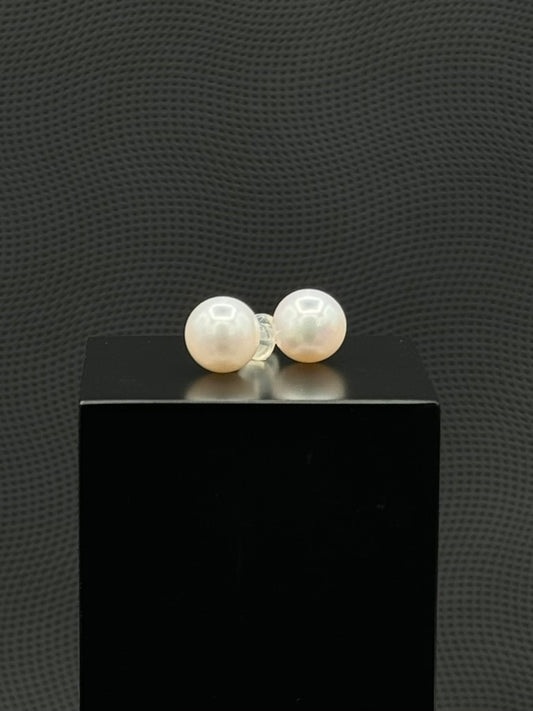 Cultured, South Sea, pearl earrings, exhibited on black box, white, stud style, extremely sharp, 11mm, 18k white gold.