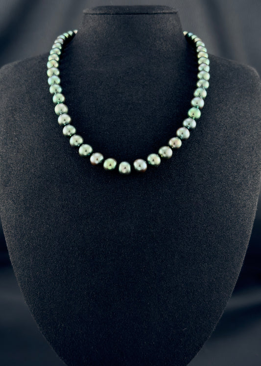 Cultured, Tahitian dark-pistachio pearl necklace, exhibited on black suede, excellent reflection, 9-10mm, 18", white gold clasp.