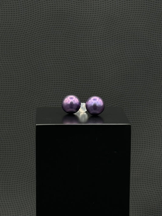 Cultured, Tahitian, pearl earrings, exhibited on black box, purple, stud style, excellent reflection, 10-11mm, 18k white gold.