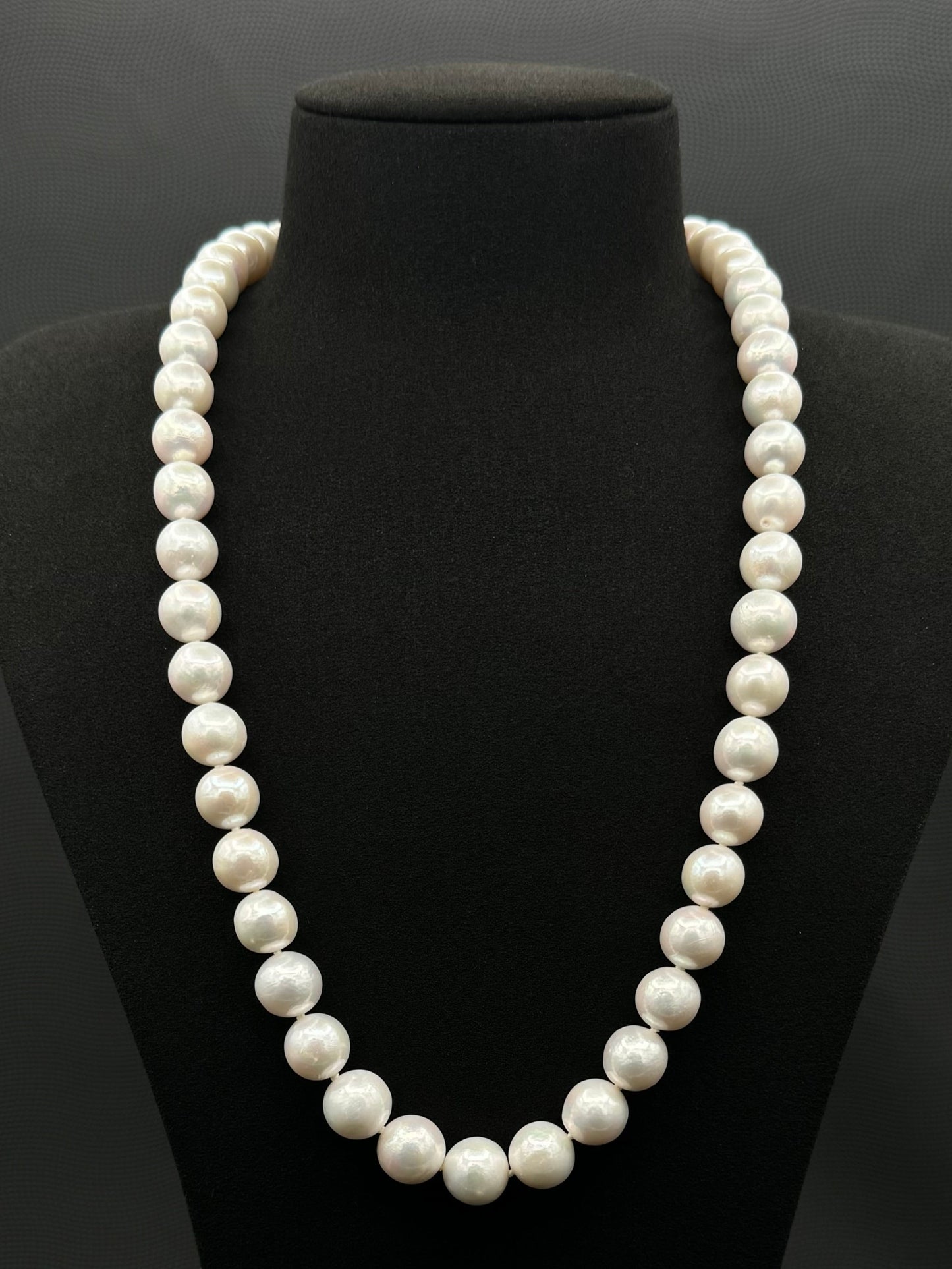 Cultured, South Sea white pearl continuous strand necklace, exhibited on black suede, excellent reflection, 11-12.5mm, 23.5", no clasp.