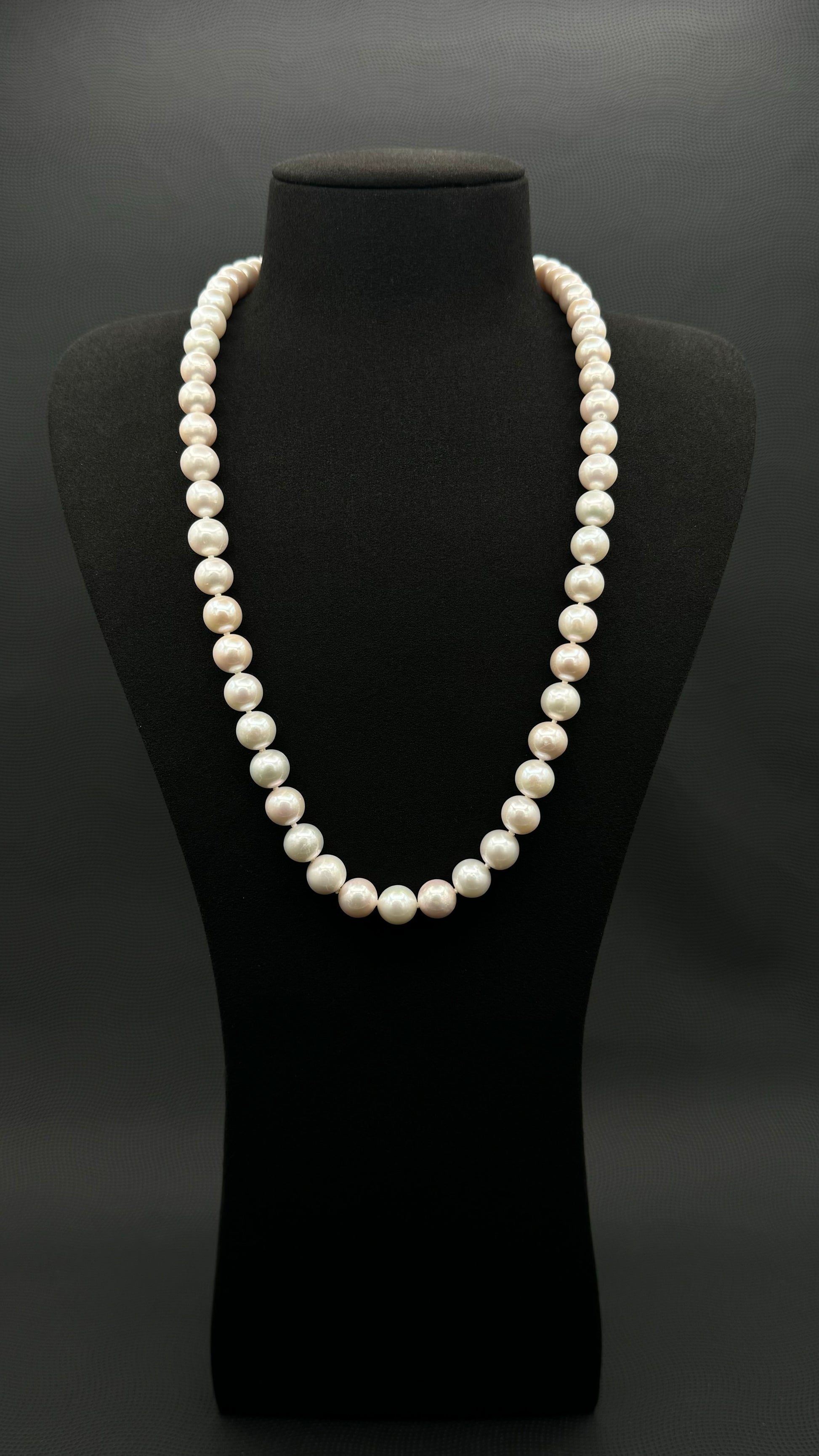 Cultured, South Sea white pearl continuous strand necklace, exhibited on black suede, excellent reflection, 9.5-11mm, 24", no clasp.