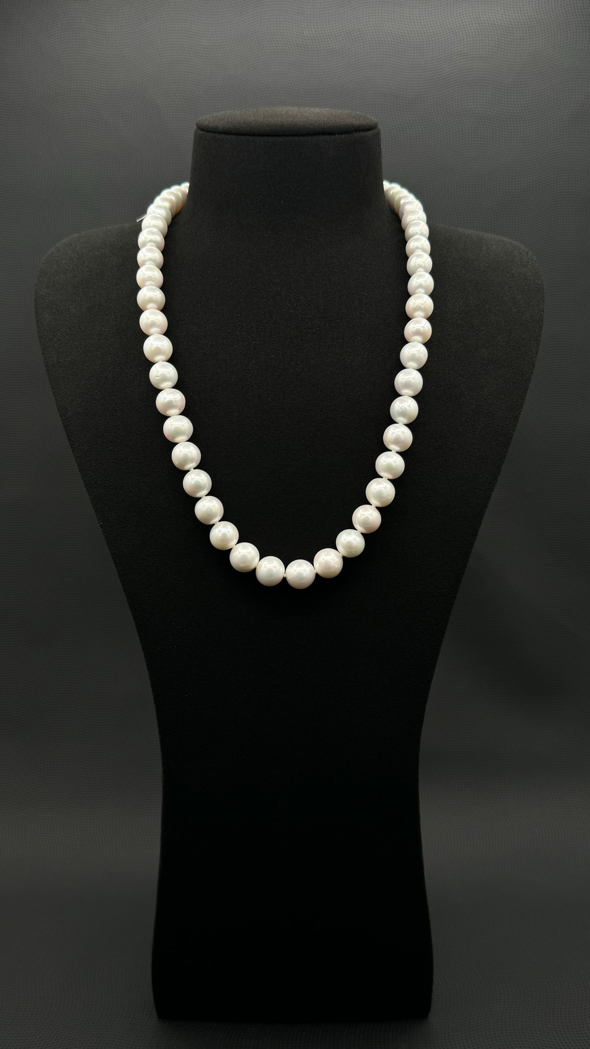 Cultured, South Sea, white pearl strand necklace, exhibited on black suede, excellent reflection, 9.5-11mm, 21.5", white gold clasp.