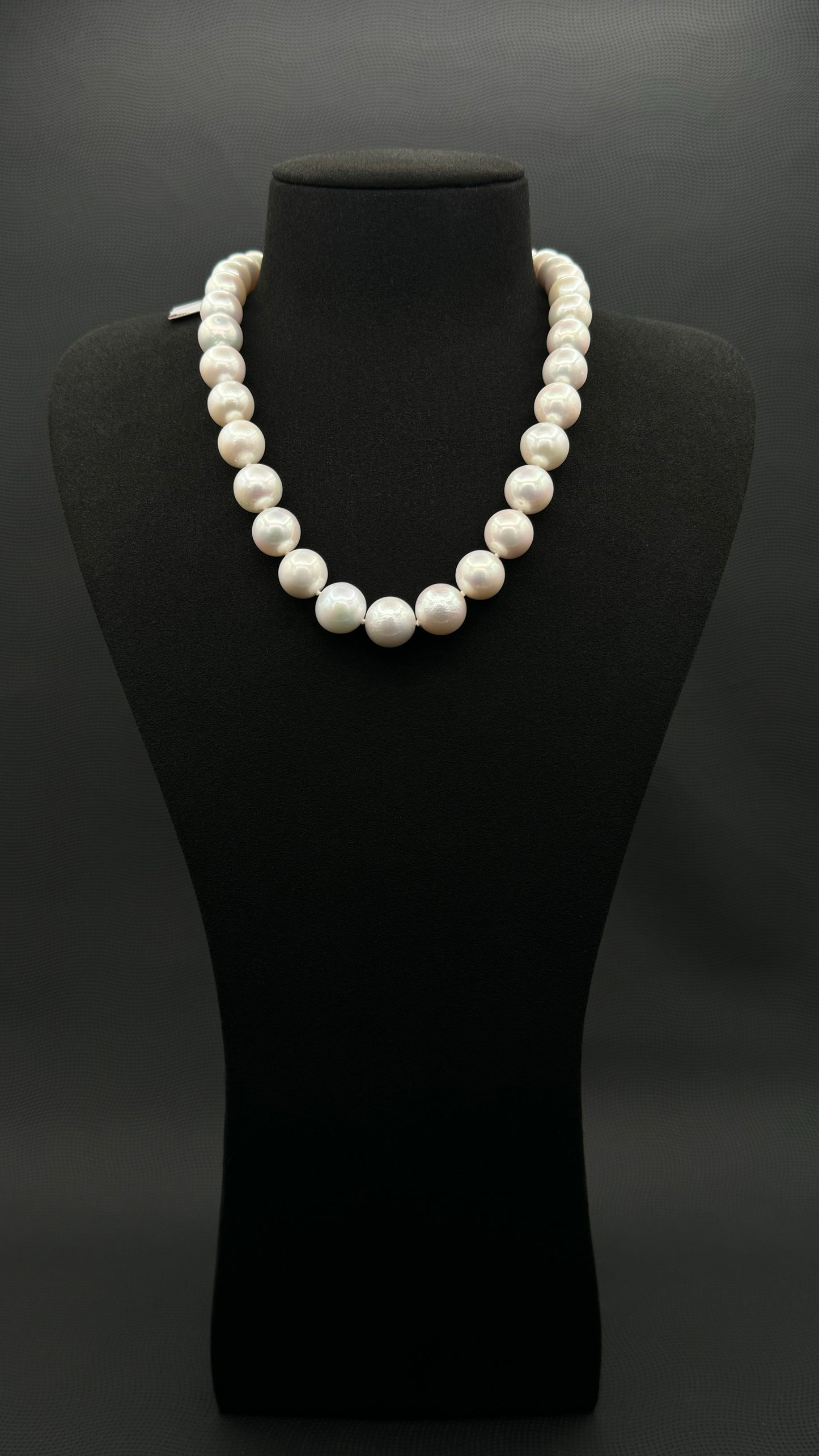 Cultured, South Sea white pearl strand necklace, exhibited on black suede, excellent reflection, 13-14.5mm, 18", white gold clasp.