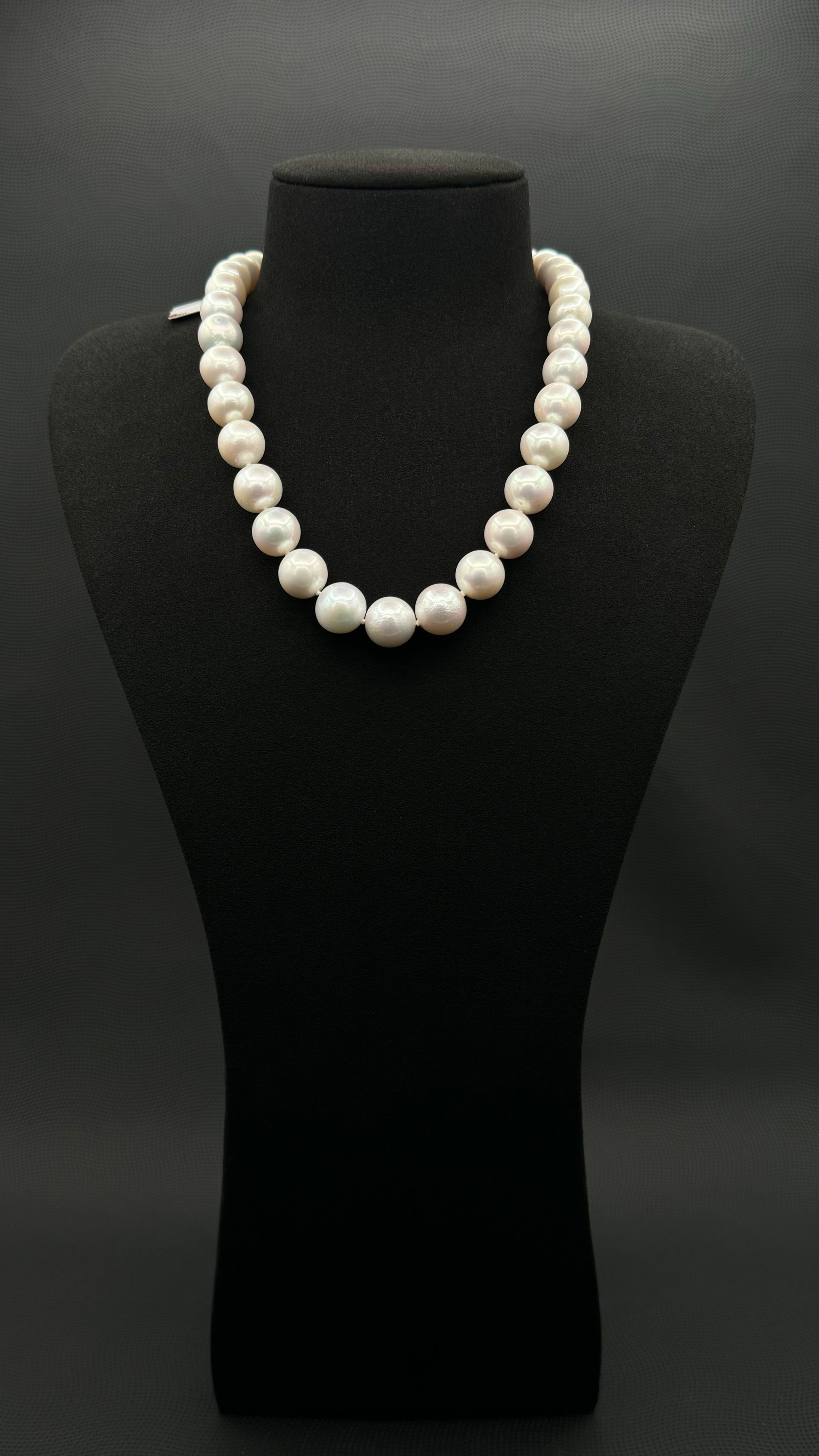 Cultured, South Sea white pearl strand necklace, exhibited on black suede, excellent reflection, 13-14.5mm, 18", white gold clasp.