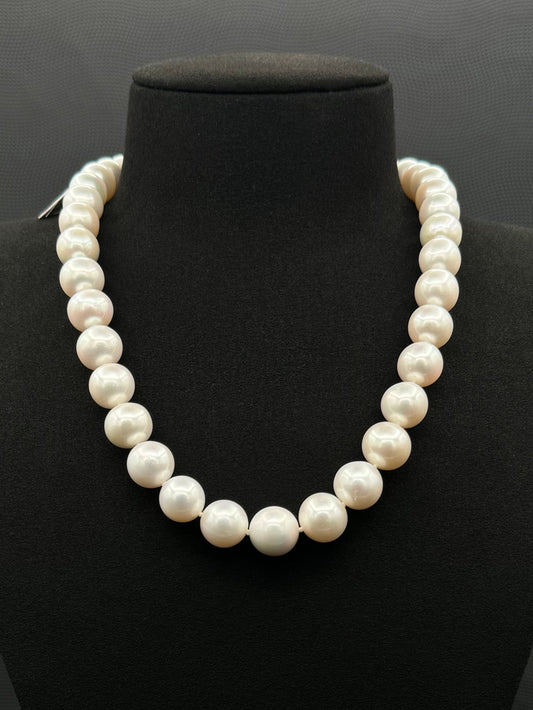 Cultured, South Sea white pearl strand necklace, exhibited on black suede, excellent reflection, 12-14.mm, 18", white gold clasp.