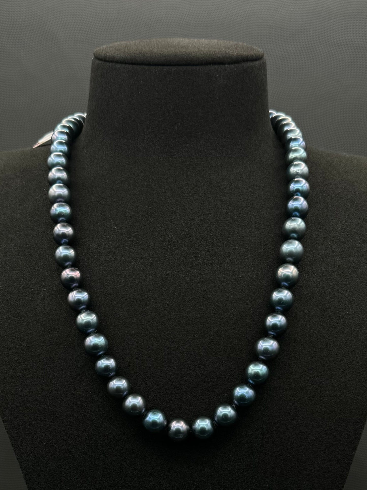 Cultured, South Sea dark-blue pearl strand necklace, exhibited on black suede, sound reflection, 9-10mm, 20", yellow gold clasp.