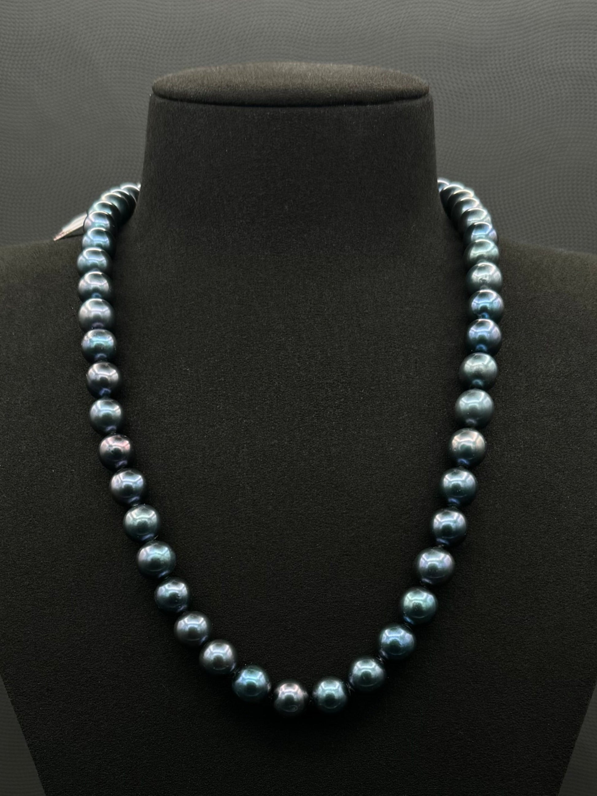 Cultured, South Sea dark-blue pearl strand necklace, exhibited on black suede, sound reflection, 9-10mm, 20", yellow gold clasp.