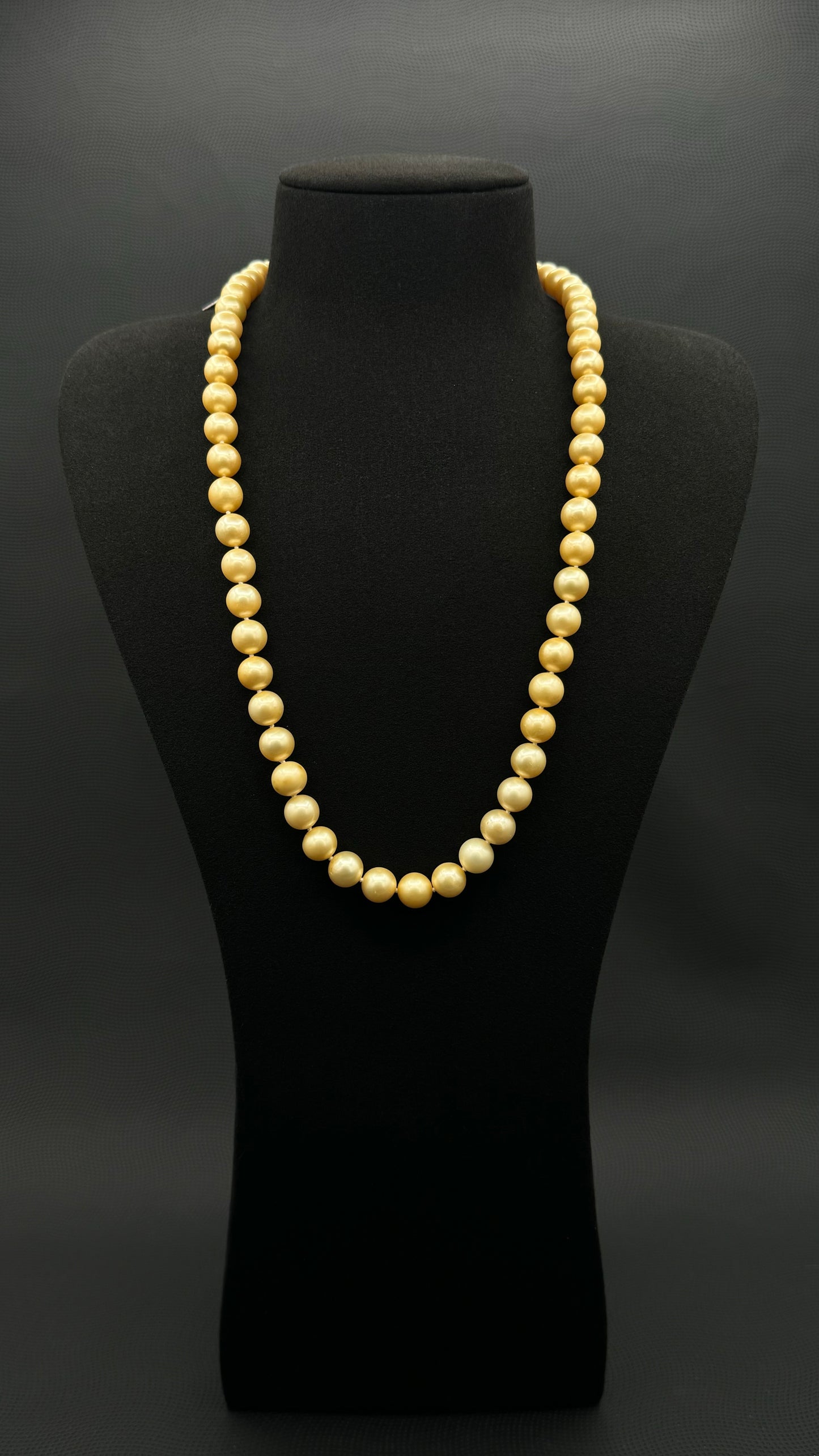 Cultured, South Sea, golden pearl continuous strand necklace, exhibited on black suede, fair reflection, 8.5-10mm, 23.5", no clasp.