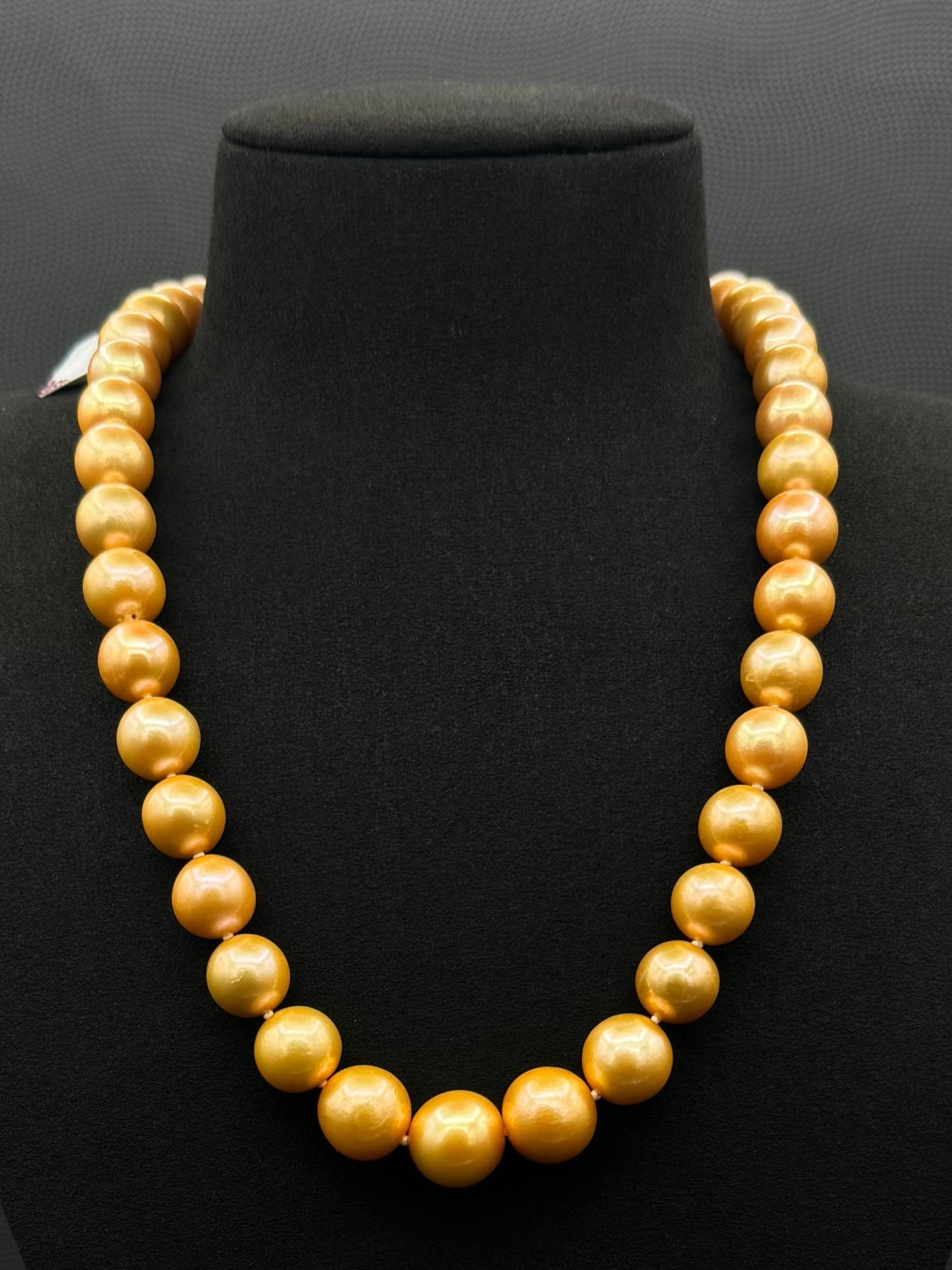 Cultured, South Sea deep-gold pearl strand necklace, exhibited on black suede, excellent reflection, 11-14mm, 20", yellow gold clasp.