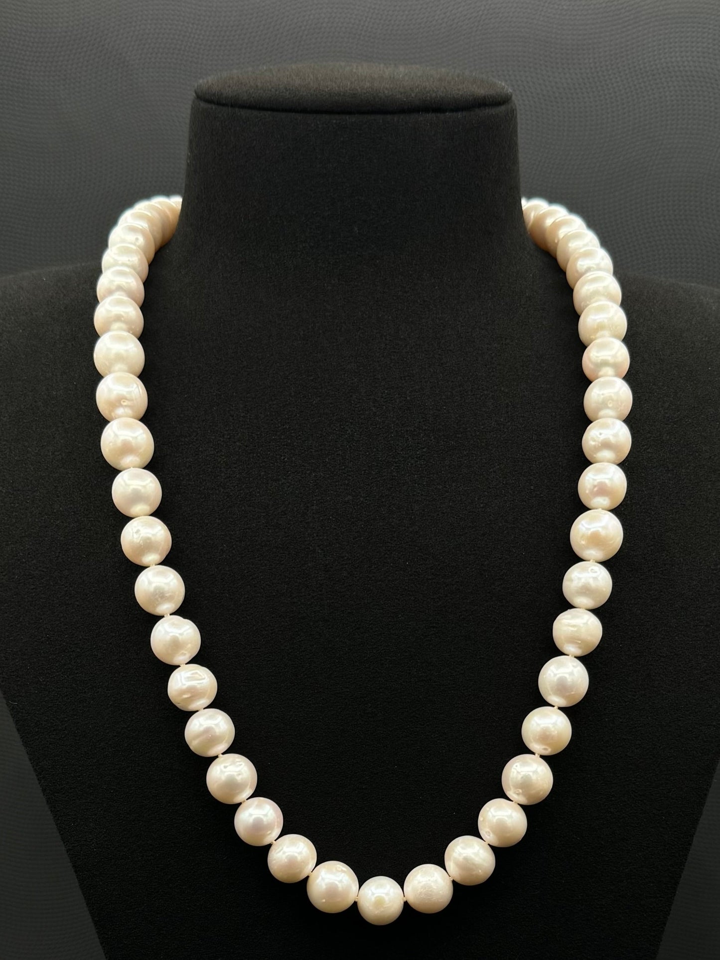 Cultured, South Sea, white pearl continuous strand necklace, exhibited on black suede, fair reflection, 10-11mm, 21.5", no clasp.