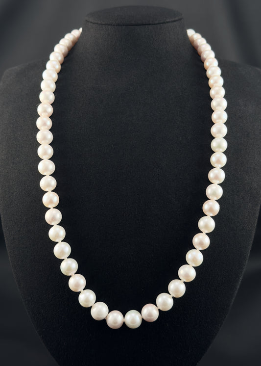 Cultured, South Sea white pearl continuous strand necklace, exhibited on black suede, excellent reflection, 9.5-11mm, 24", no clasp.