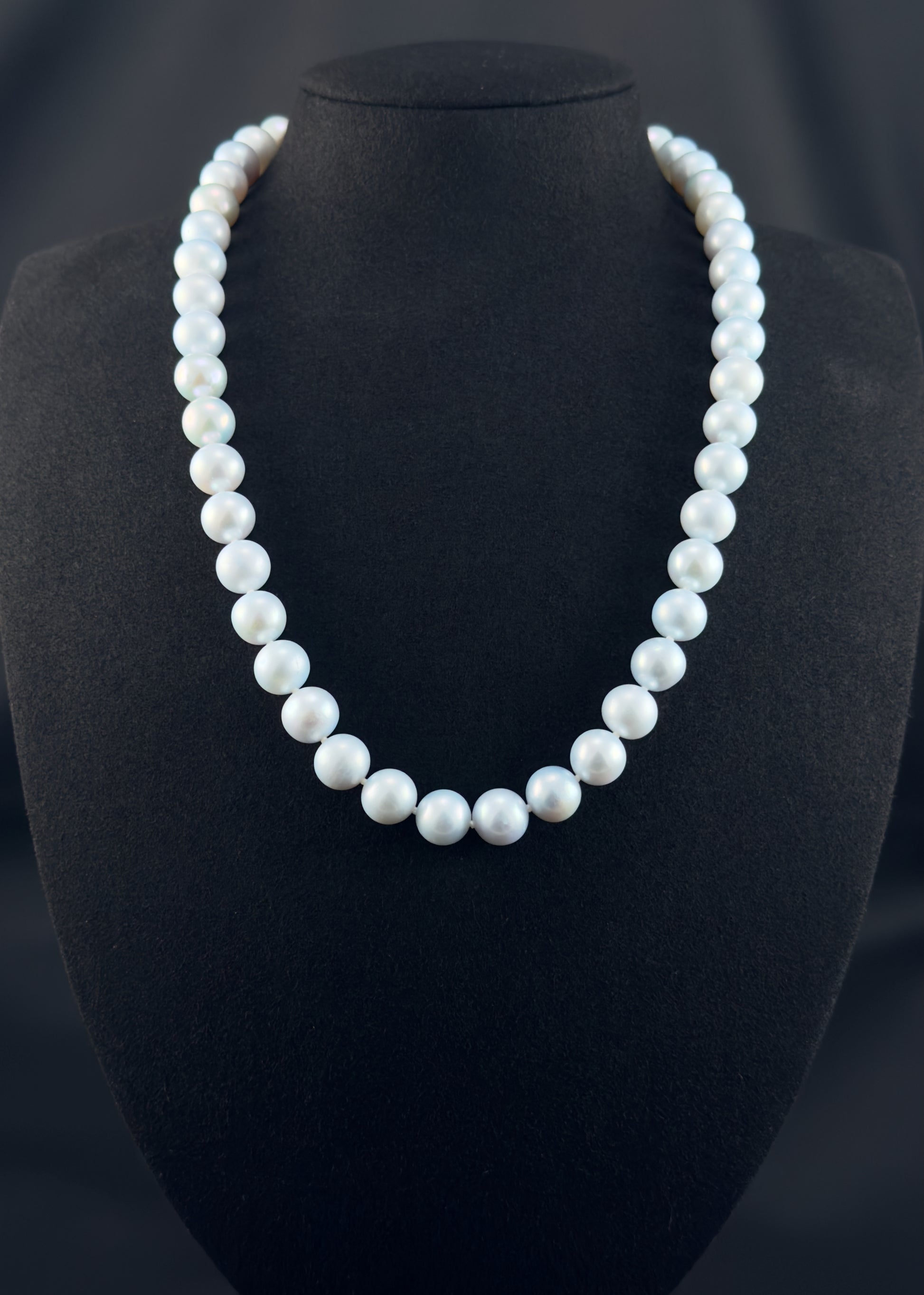 Cultured, South Sea blue pearl strand necklace, exhibited on black suede, excellent reflection, 10mm, 20", white gold clasp.