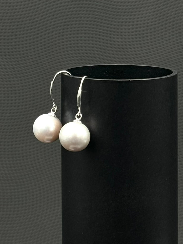 Cultured, South Sea, pearl earrings, exhibited on black cylinder, light grey, drop style, 11-12mm, 18k white gold, 
