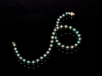 16" Tahitian Dark Green Pearl Necklace | AAAAA Grade | 14K Clasp [cnT029]