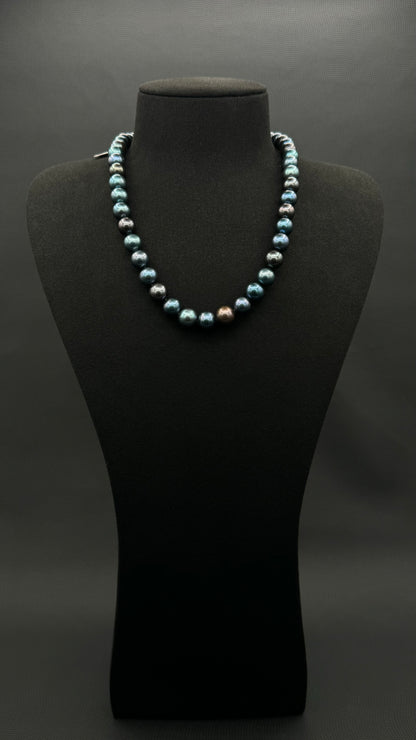 18" Tahitian Black-Green-Blue Pearl Necklace | AAAAA Excellent Grade | 14K White Gold