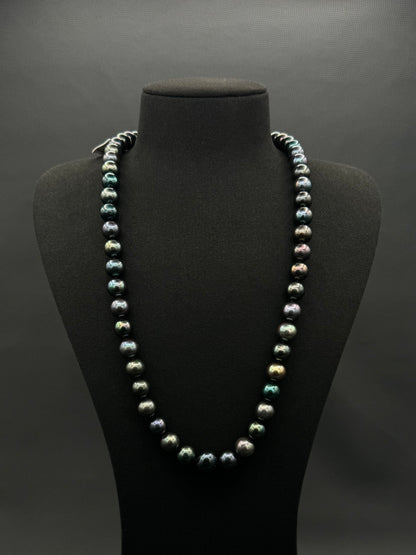 24" Tahitian Black Green Pearl Necklace | AAAAA Excellent Grade | 14K White Gold