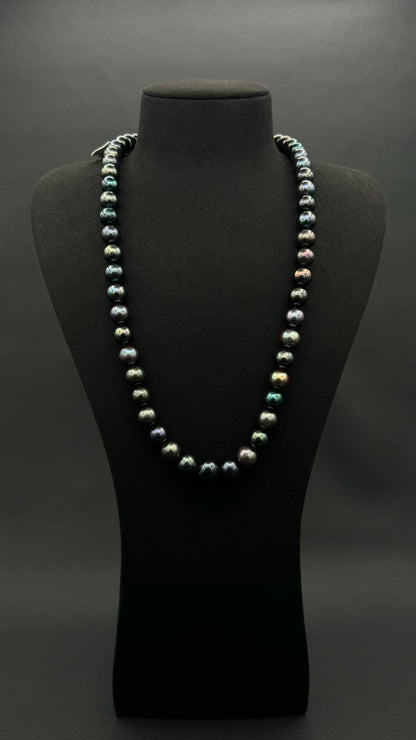 24" Tahitian Black Green Pearl Necklace | AAAAA Excellent Grade | 14K White Gold