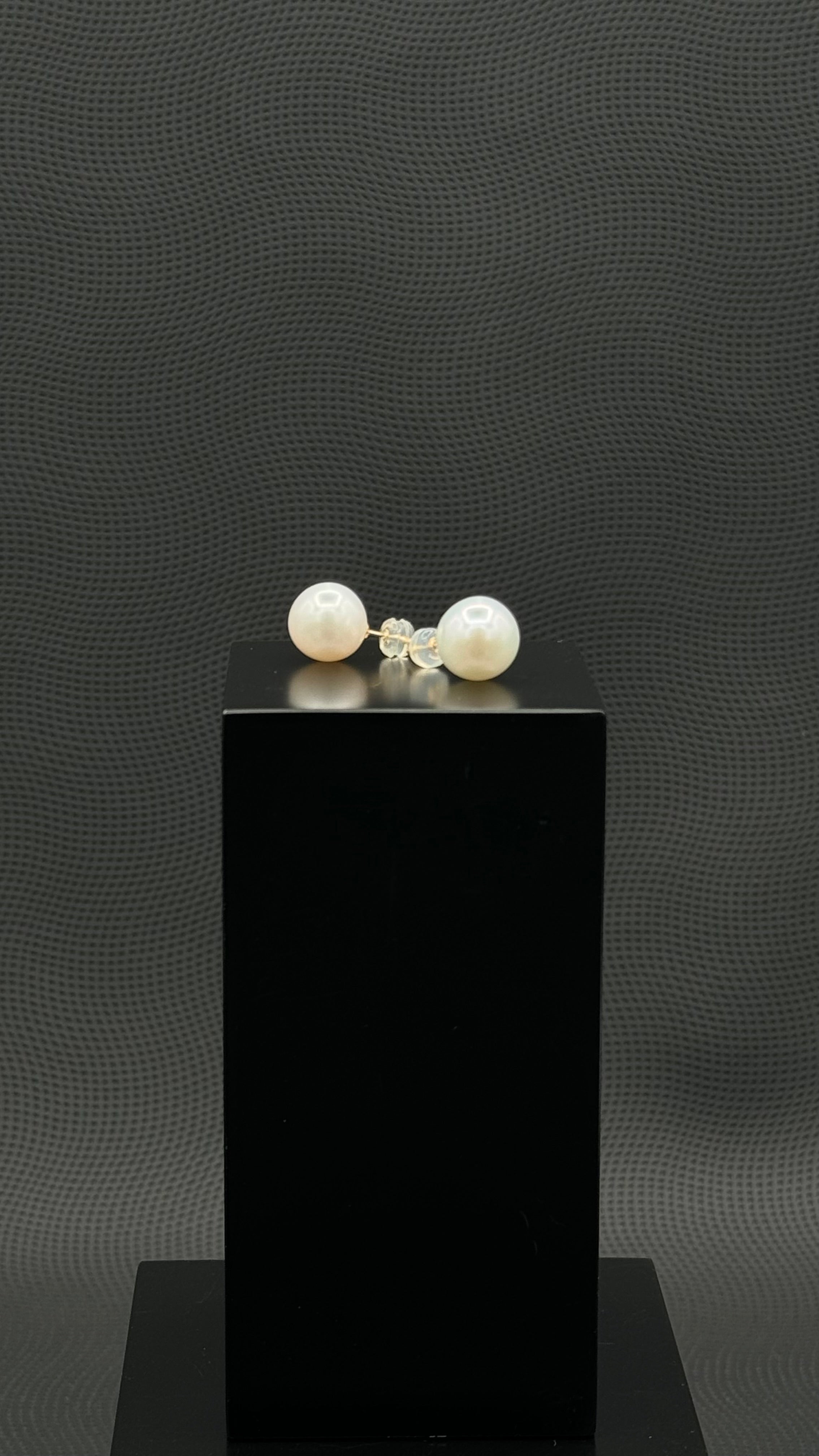 Cultured, South Sea, pearl earrings, exhibited on black box, white, stud style, fairly sharp, 11mm, 18k yellow gold.