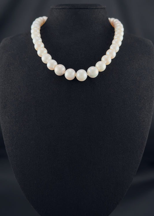 Cultured, South Sea white pearl strand necklace, exhibited on black suede, fair reflection, 9.5-12.5mm, 16", sterling silver clasp.