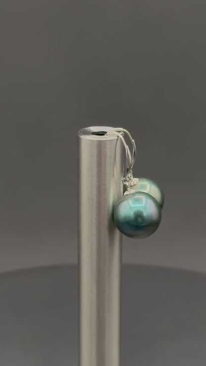 Tahitian Black-Green Drop Pearl Earring | AAAAA (Excellent) Grade | 18K White | 12-13mm